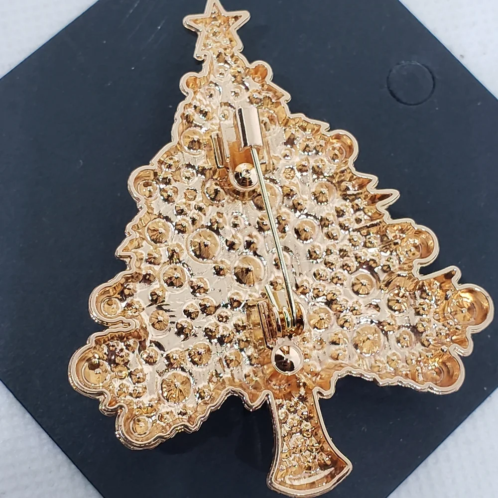 Gold Green Red Rhinestone Pearl Holiday Christmas Tree Brooch Pin